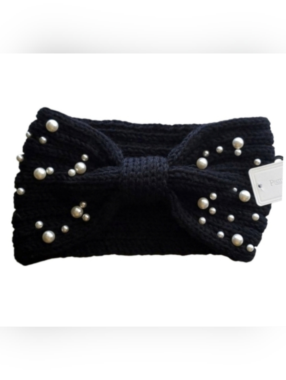 Bow Shaped Winter Knit Headband with Faux Pearls